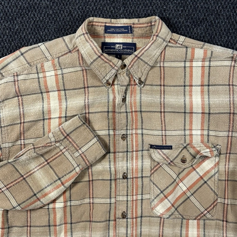 Vintage Lee Flannel Shirt Men's L Brown Tan Plaid Button Down Made Hong Kong